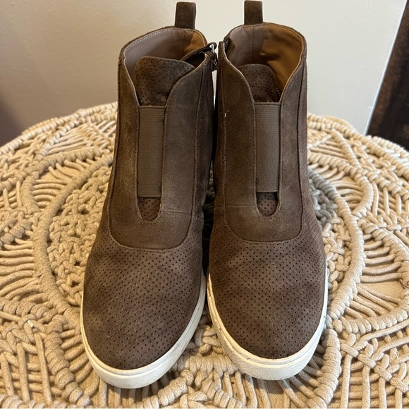 Linea Paolo ANNA  Low Heel Wedge Sneaker Dark Olive Perforated Suede - Picture 2 of 9